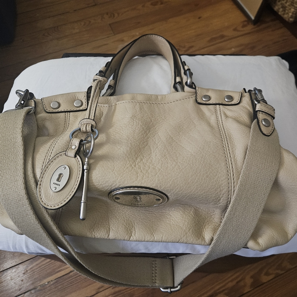 Fossil beige leather satchel with handles and adjust shoulder strap, 16"w x 10"h